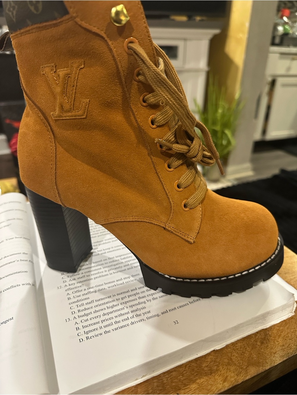 Women's Tan Suede Lace-Up Block Heel Boot